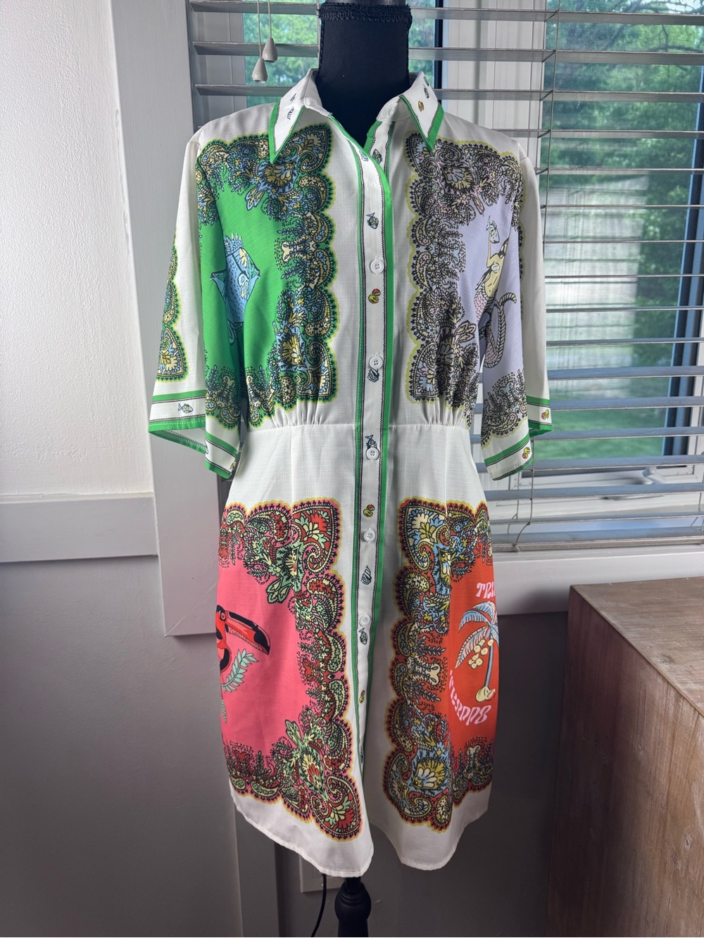 Colorblock Paisley Print Button-Up Shirtdress in Green, Pink, White